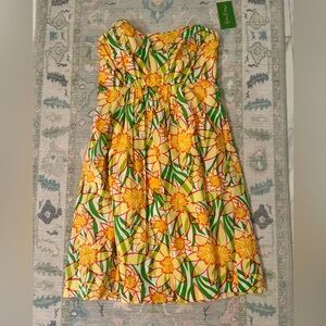 Lilly Pulitzer Wyatt Classic Dress Strapless Floral Fit And Flare Yellow Size 8